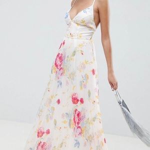 Maxi floral open back dress with pleated skirt
